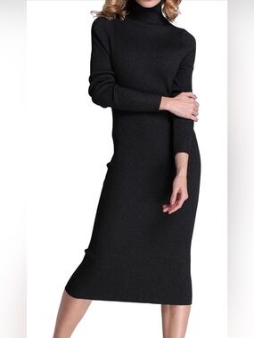 Rocorose Classic Turtleneck Knit Midi Dress, Ribbed, Black, Bodycon, Long Sleeve